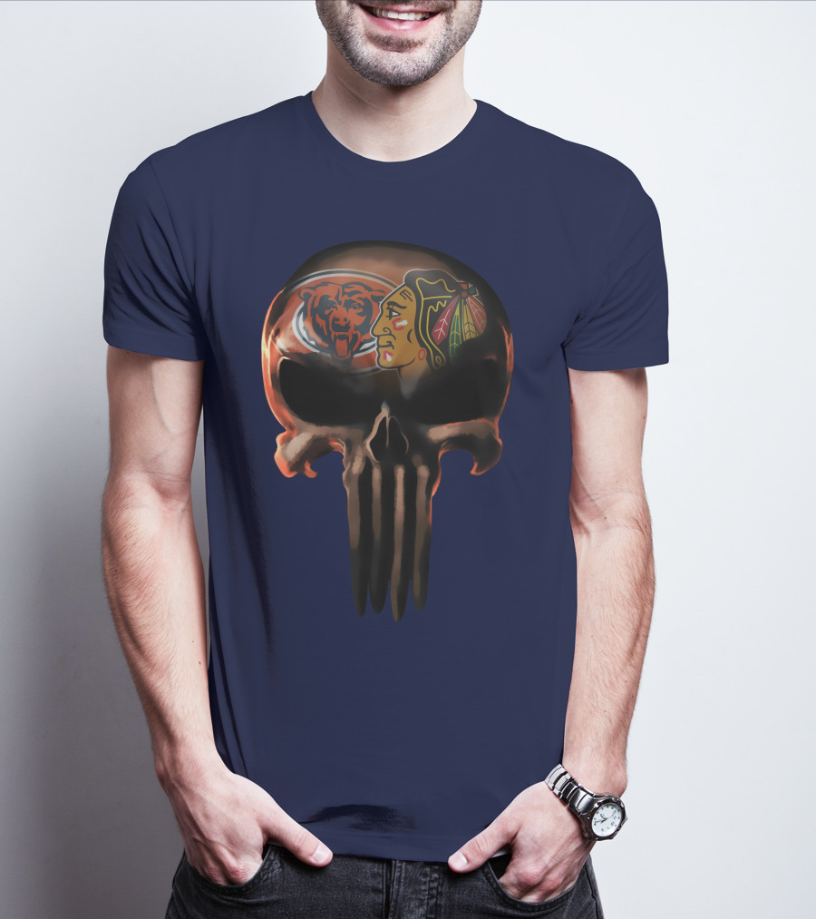 Chicago Bears 56 Skull Design With Nhl Blackhawks T-Shirt