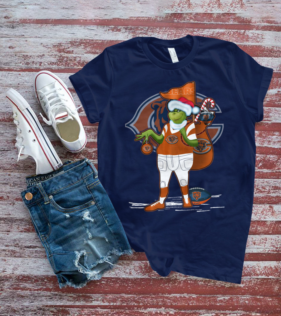 Grinchxmas Chicago Bears Holiday Football Fest With Bear In Santa Hat Holding Candy Cane And Ornament T-Shirt