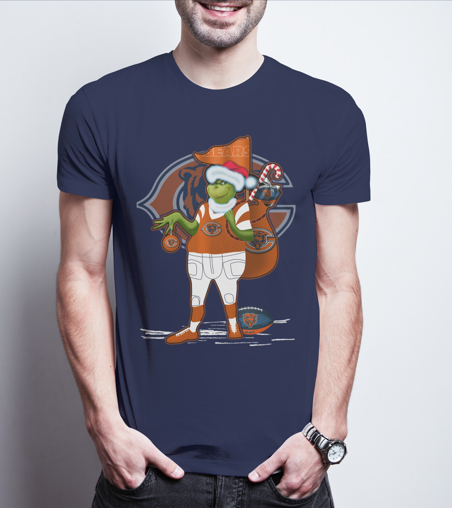 Grinchxmas Chicago Bears Holiday Football Fest With Bear In Santa Hat Holding Candy Cane And Ornament T-Shirt