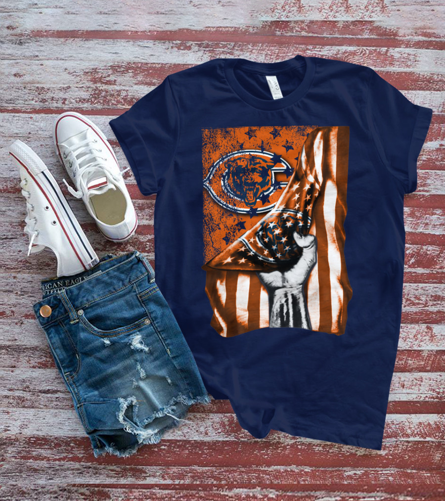 Hand Lifting American Flag Over CHICAGO BEARS T-Shirt