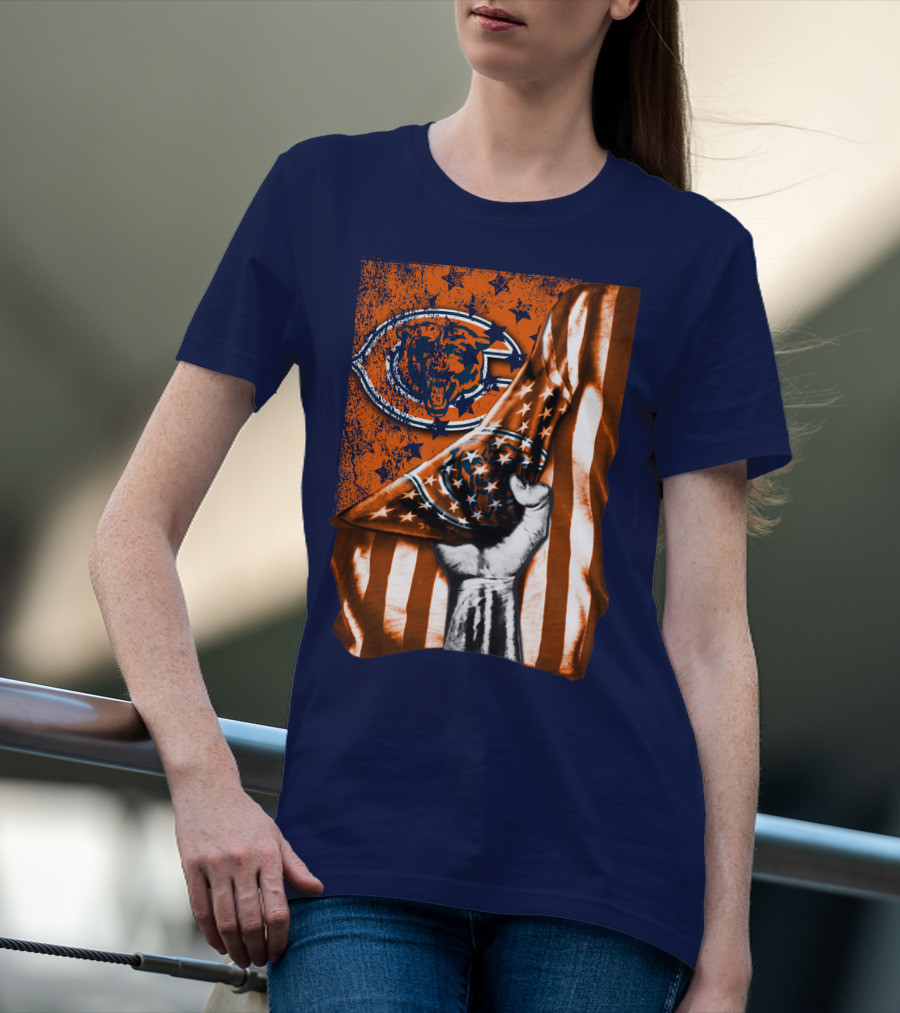 Hand Lifting American Flag Over CHICAGO BEARS T-Shirt