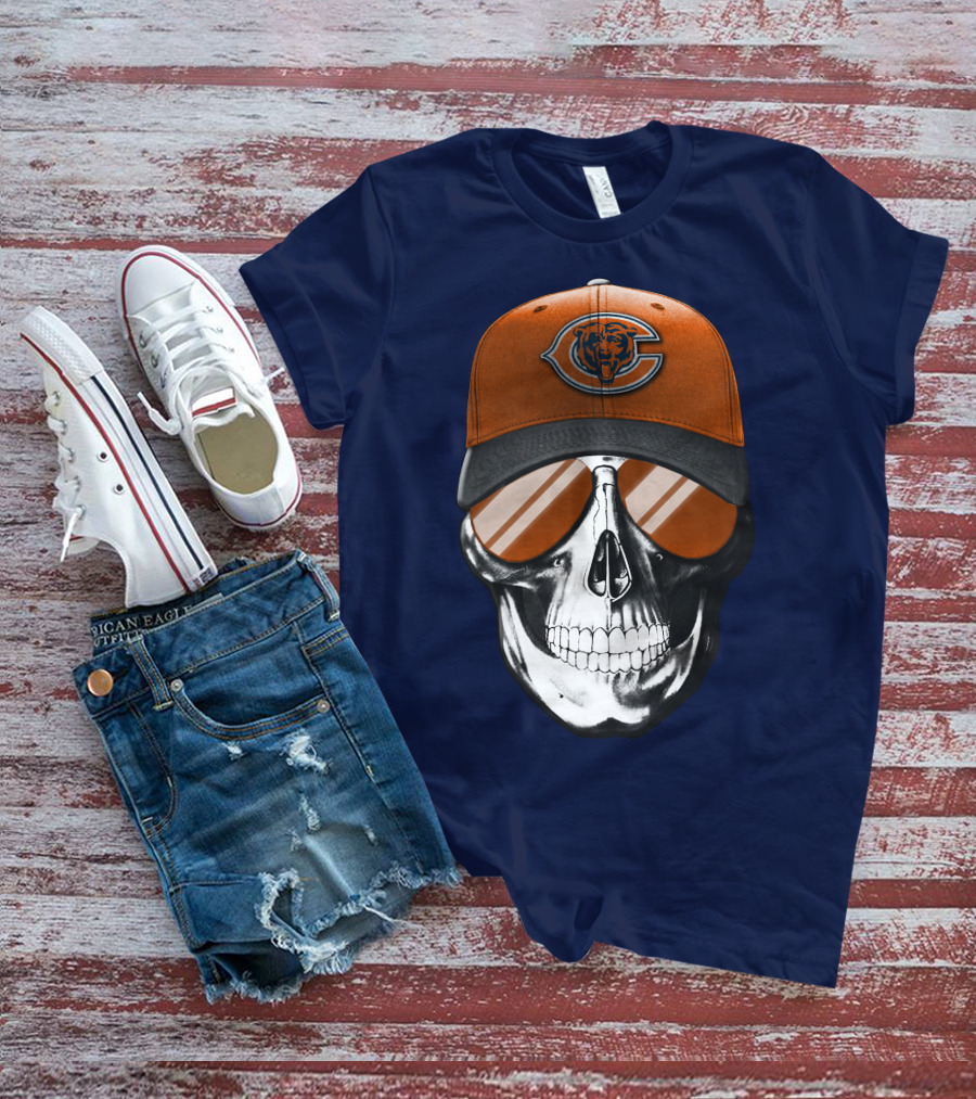 Skull V7 Chicago Bears Cap And Sunglasses T-Shirt
