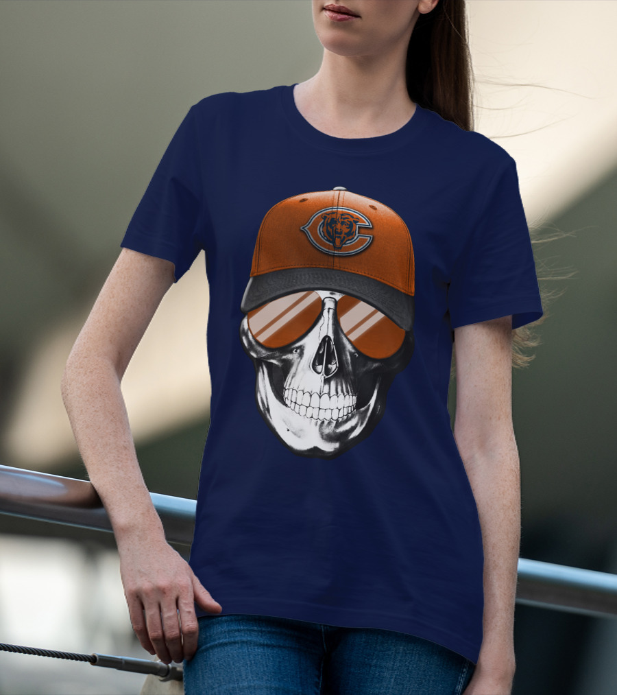 Skull V7 Chicago Bears Cap And Sunglasses T-Shirt