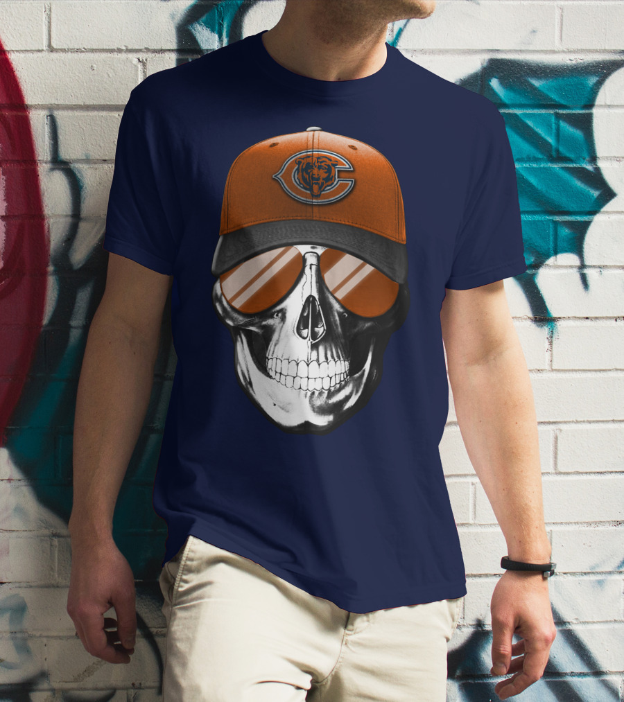 Skull V7 Chicago Bears Cap And Sunglasses T-Shirt