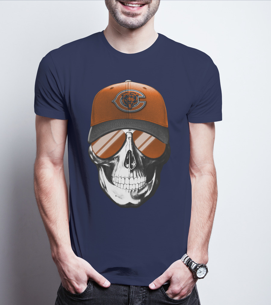 Skull V7 Chicago Bears Cap And Sunglasses T-Shirt
