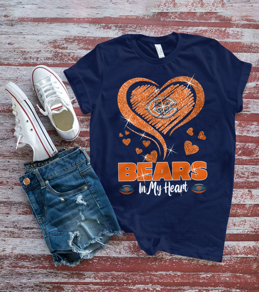 Bears In My Heart Chicago Bears Sparkling Hearts Navy Blue T-Shirt
