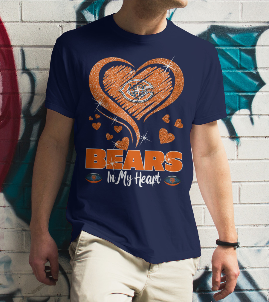 Bears In My Heart Chicago Bears Sparkling Hearts Navy Blue T-Shirt