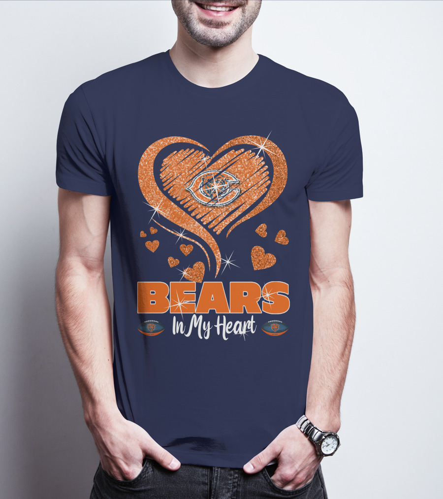 Bears In My Heart Chicago Bears Sparkling Hearts Navy Blue T-Shirt