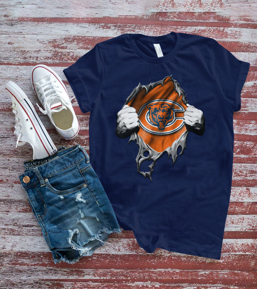 Torn Chicago Bears Emblem Revealed Through Ripped Fabric T-Shirt