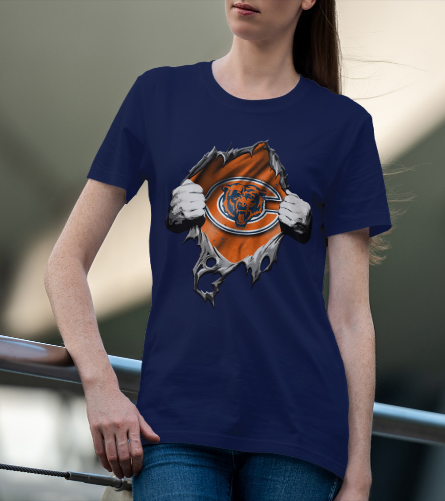 Torn Chicago Bears Emblem Revealed Through Ripped Fabric T-Shirt