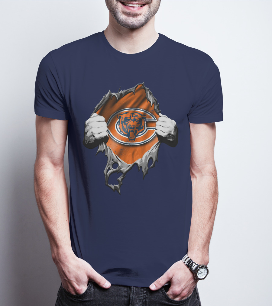 Torn Chicago Bears Emblem Revealed Through Ripped Fabric T-Shirt