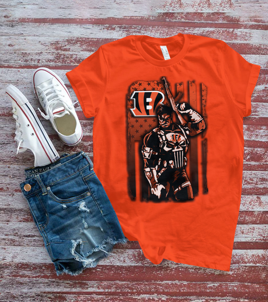 Cincinnati Bengals Punisher American Flag Retro Style T-Shirt