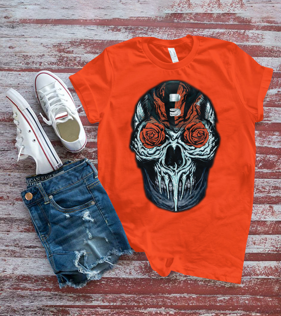 Cincinnati Bengals 34 Skull Helmet With Roses T-Shirt