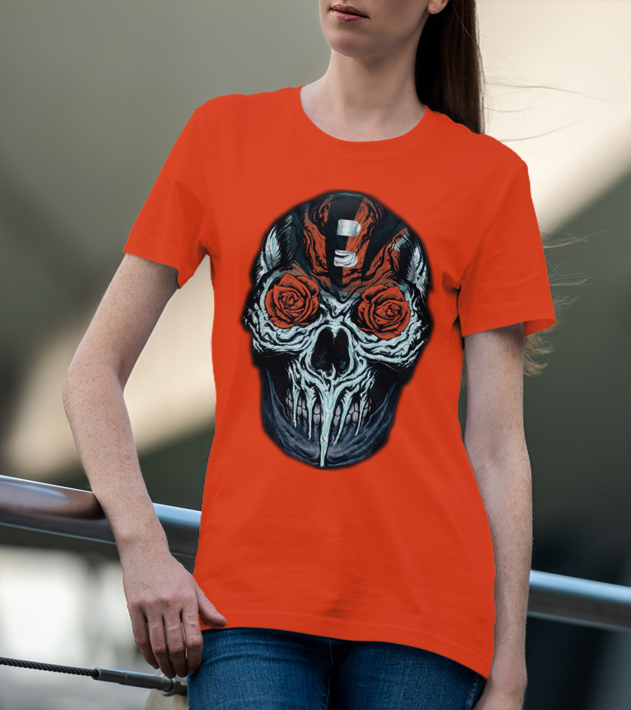 Cincinnati Bengals 34 Skull Helmet With Roses T-Shirt