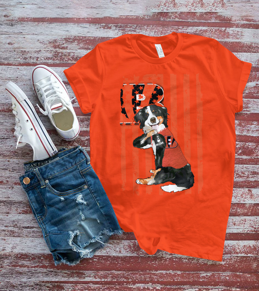 Border Collie I Love Mom Cincinnati Bengals B Retro American Flag T-Shirt