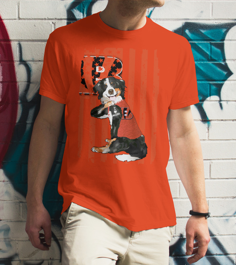 Border Collie I Love Mom Cincinnati Bengals B Retro American Flag T-Shirt
