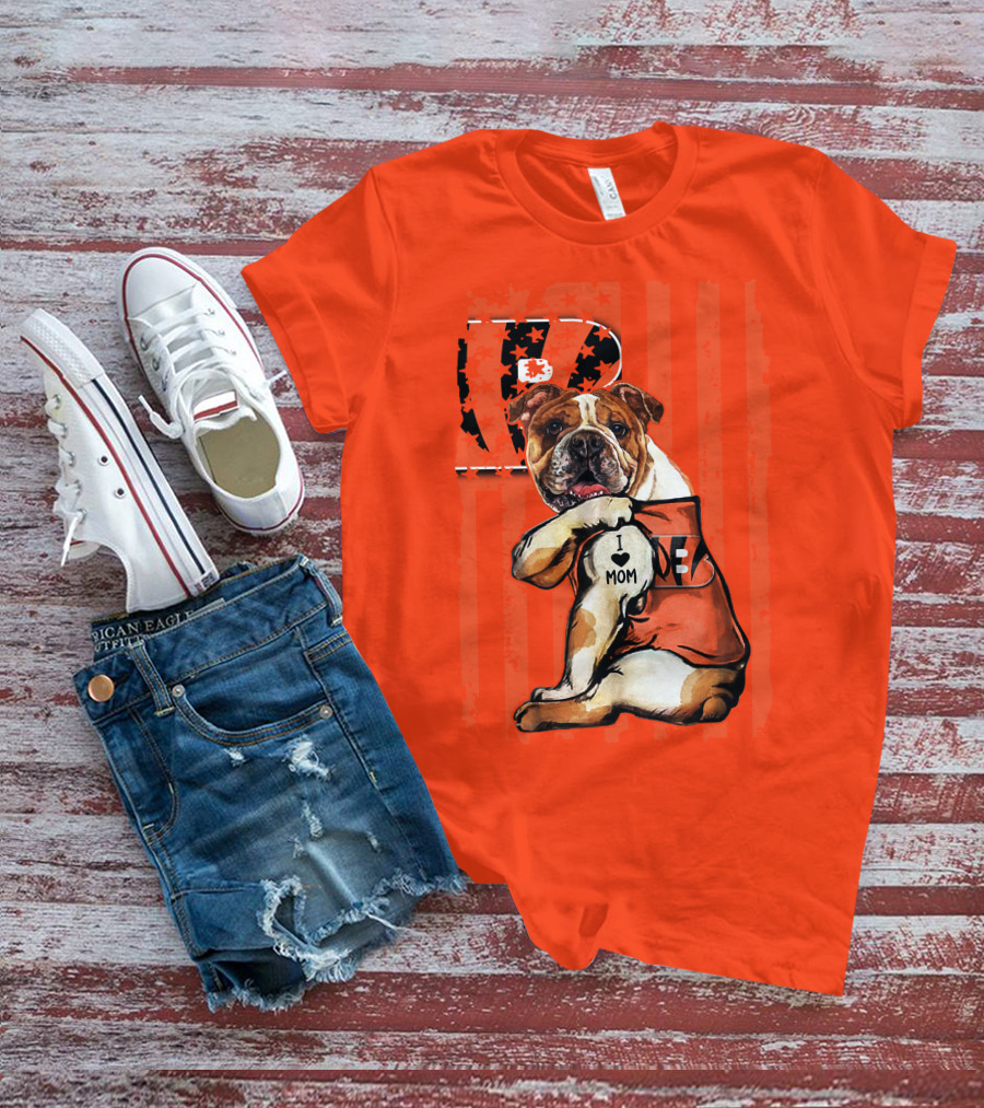 Bulldog Cincinnati Bengals I Love Mom Orange Stripes T-Shirt
