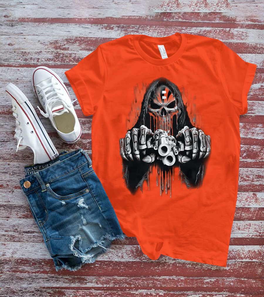 Cincinnati Bengals 41 Skeleton Skull With Guns T-Shirt