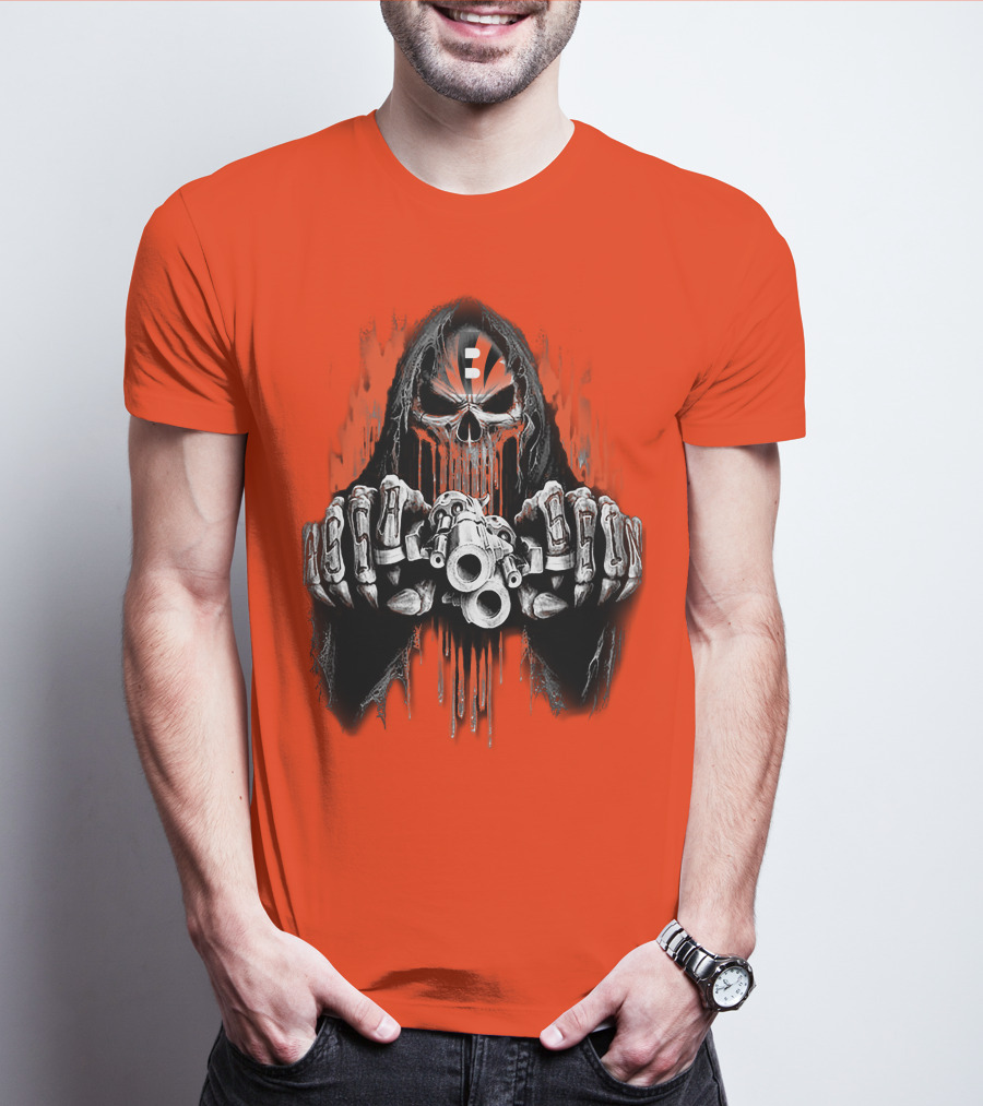 Cincinnati Bengals 41 Skeleton Skull With Guns T-Shirt