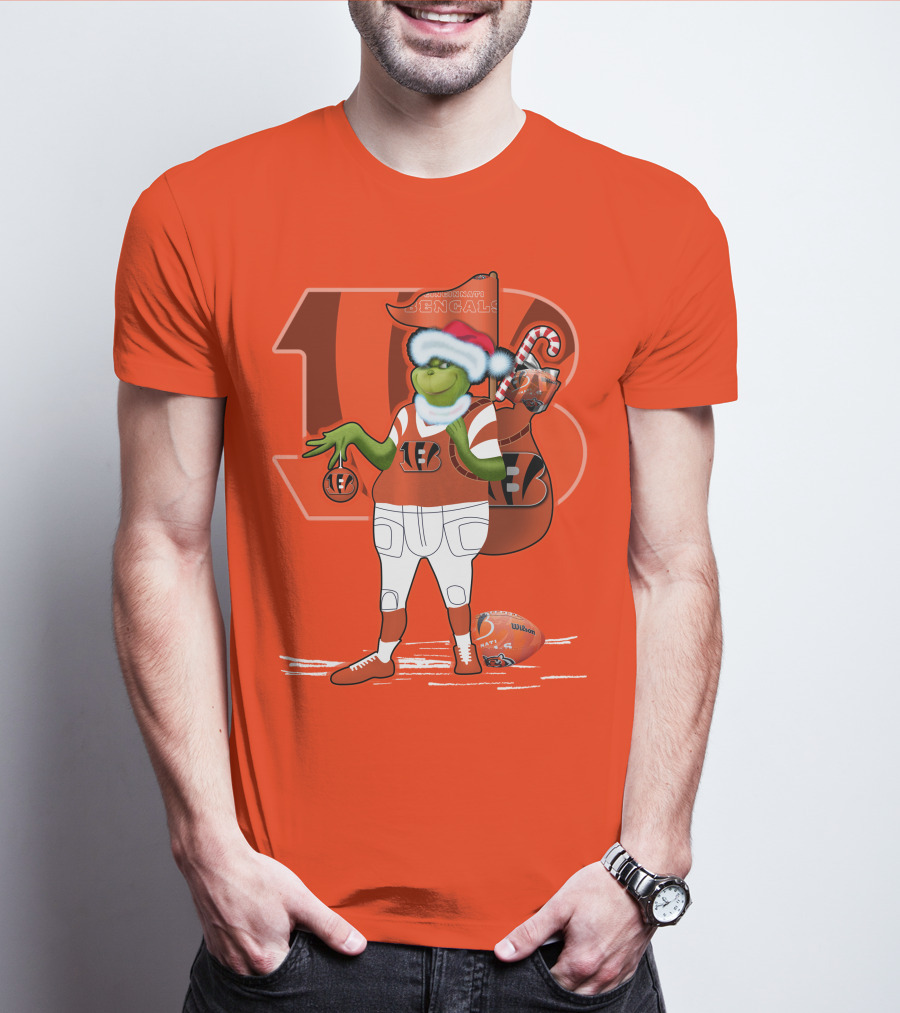 Cincinnati Bengals Grinch Christmas Football Santa Hat Orange T-Shirt