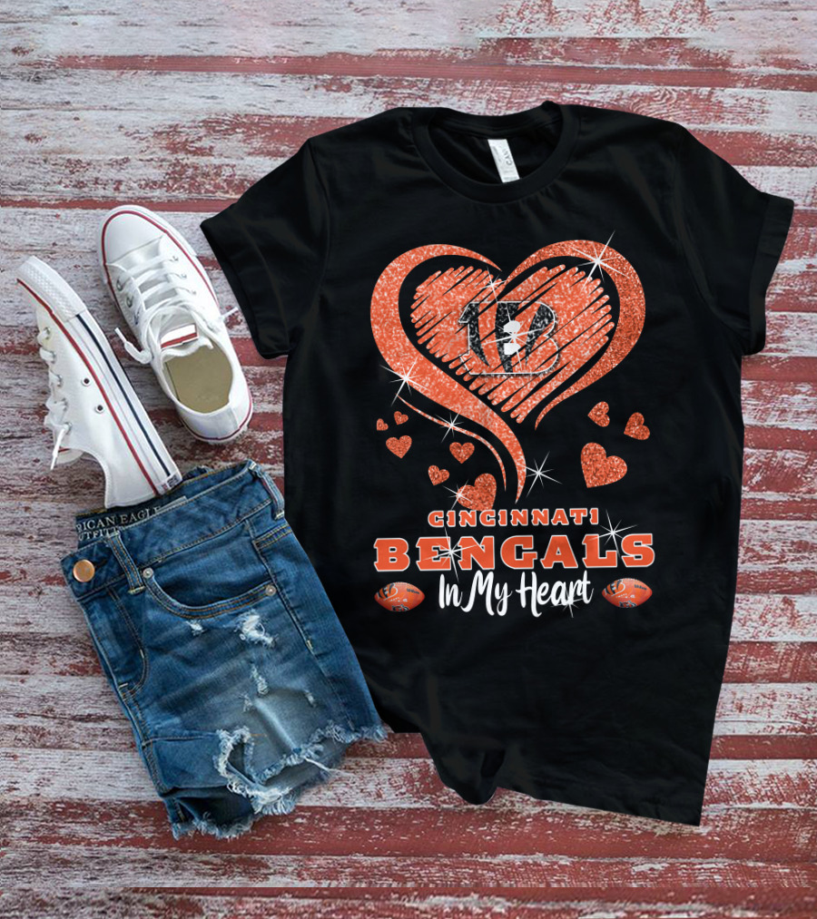Cincinnati Bengals In My Heart Sparkling Heart Design With Glitter And Football Elements T-Shirt