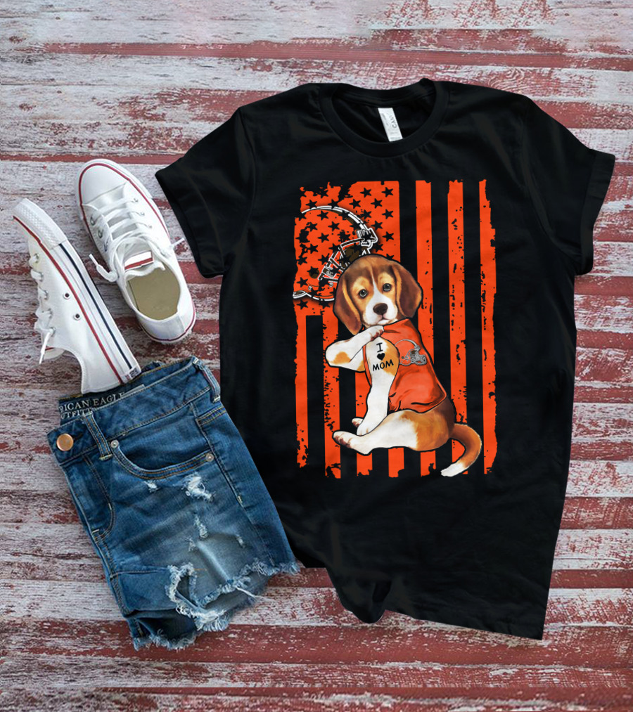 Beagle Cleveland Browns I Mom Retro Football Helmet And Stars T-Shirt