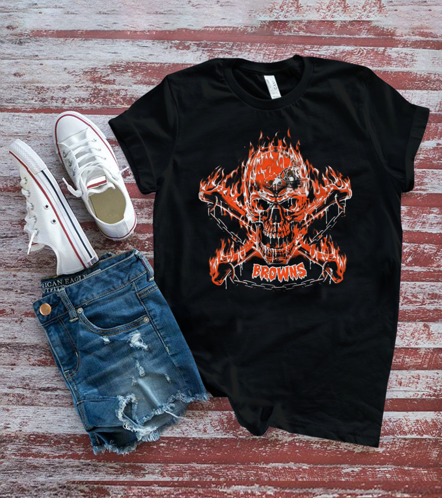 Cleveland Browns Flaming Skull And Crossbones T-Shirt