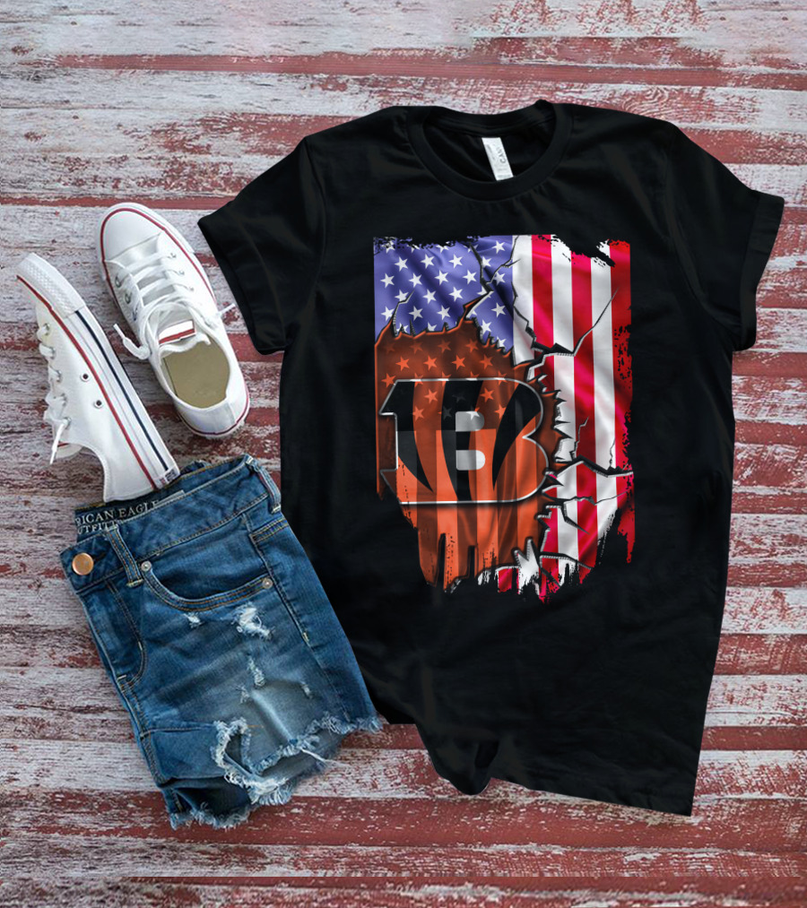 Cincinnati Bengals American Flag Crack Pattern Theme T-Shirt