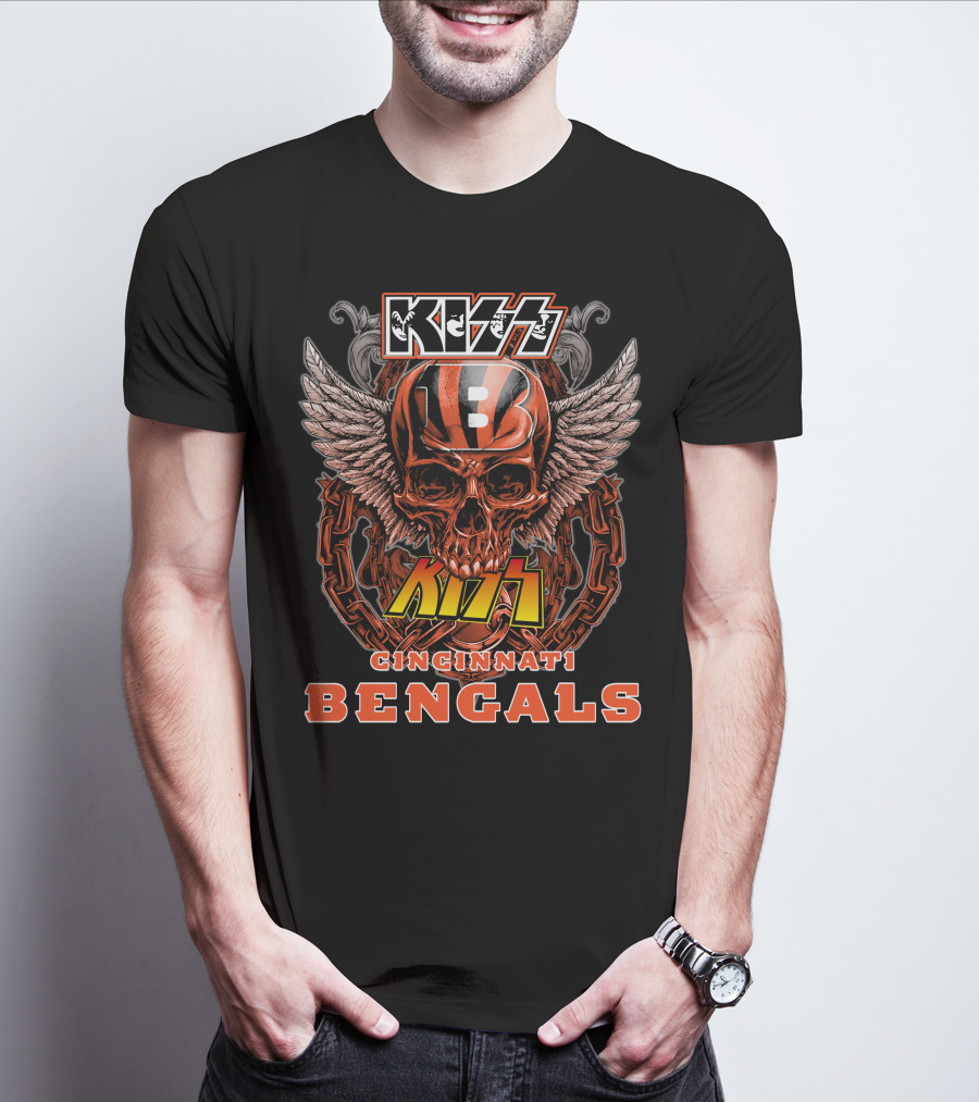 Kiss Cincinnati Bengals Skull Wings And Chains T-Shirt