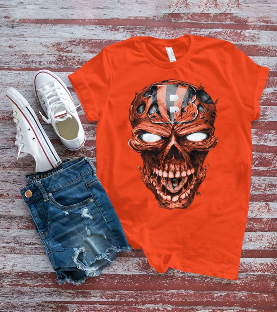 Cincinnati Bengals Skull V2 Creepy Horror Fan Gear T-Shirt