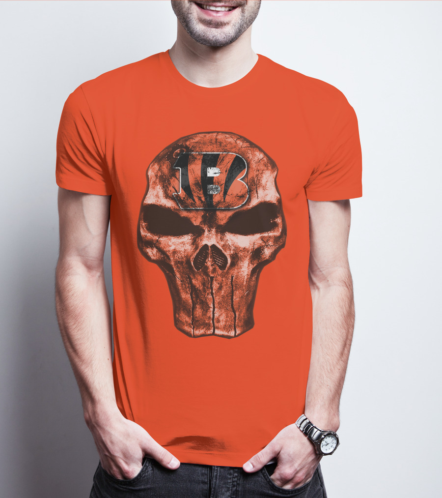 Skull Cincinnati Bengals Logo On Bold Orange T-Shirt