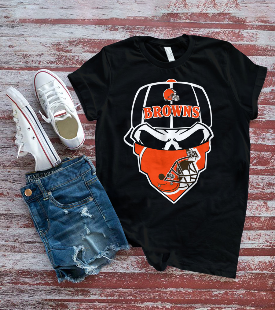 Browns Helmet Skull Mask With Football Theme T-Shirt