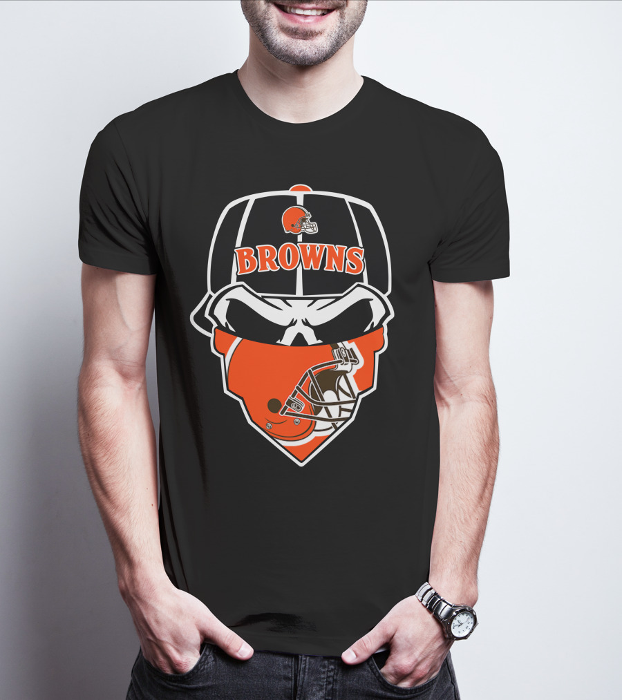 Browns Helmet Skull Mask With Football Theme T-Shirt