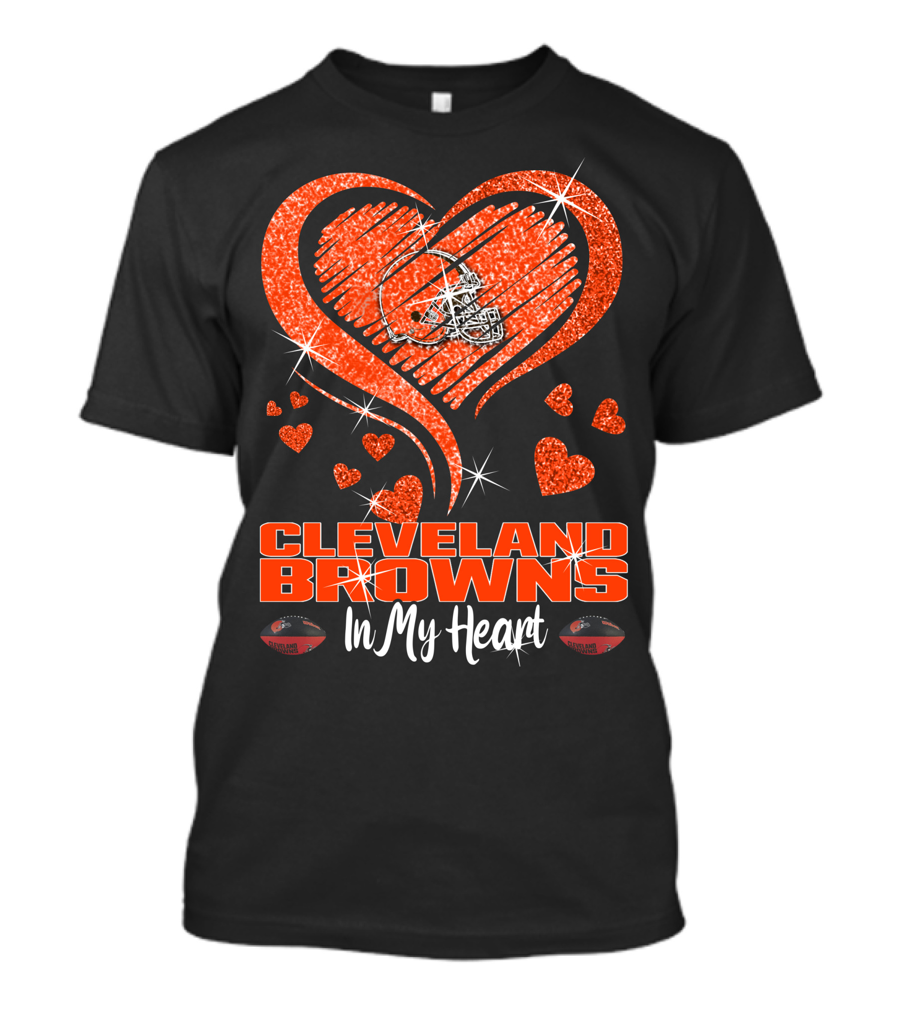CLEVELAND BROWNS In My Heart Sparkling Helmet And Hearts T-Shirt