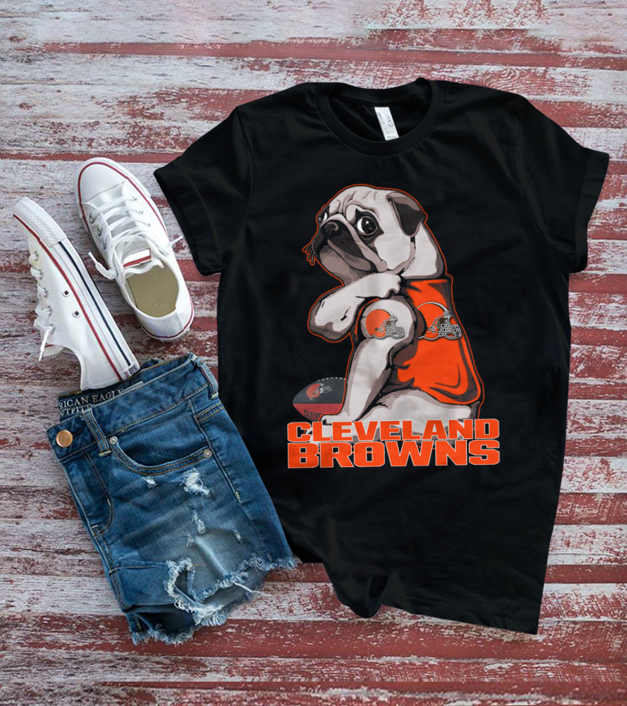 Cleveland Browns Pug In Orange Jersey With Football And Helmet T-Shirt