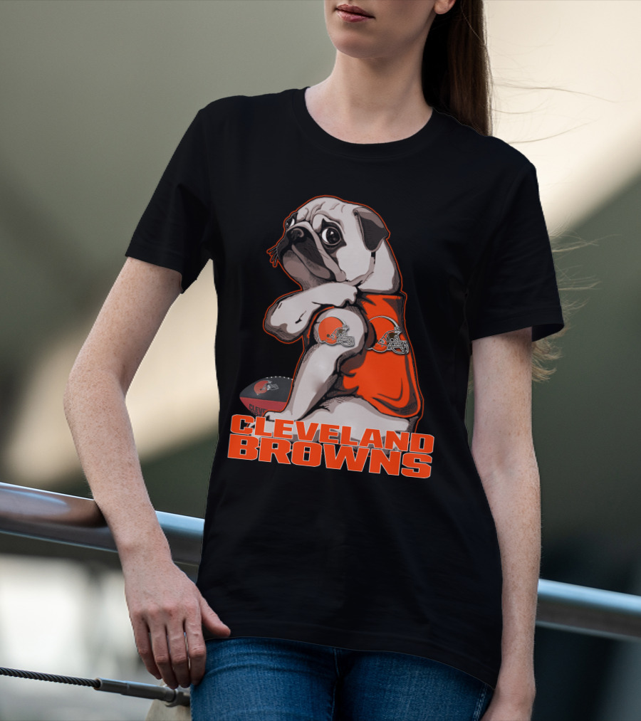 Cleveland Browns Pug In Orange Jersey With Football And Helmet T-Shirt