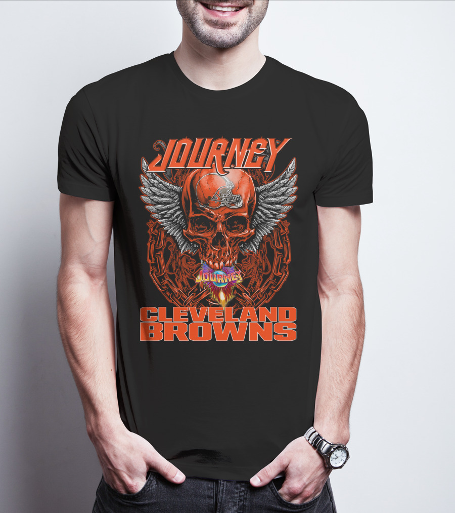 JOURNEY Winged Flaming Skull CLEVELAND BROWNS Football Helmet T-Shirt