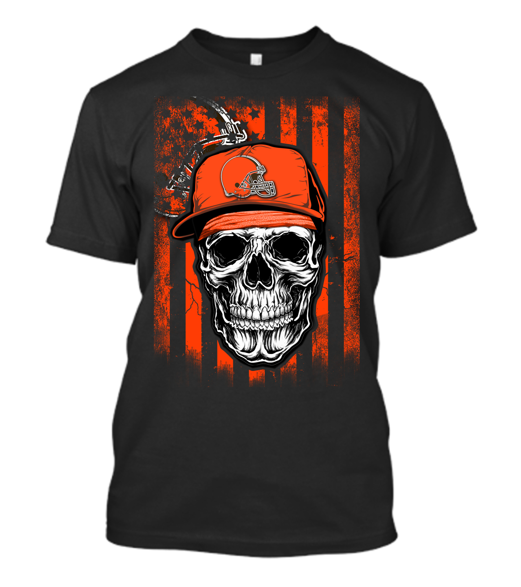 Skull In Cleveland Browns Helmet With Orange And Black Stripes T-Shirt