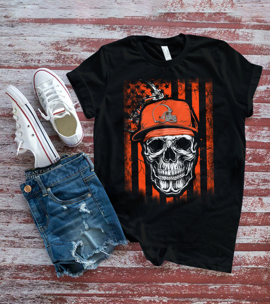 Skull In Cleveland Browns Helmet With Orange And Black Stripes T-Shirt
