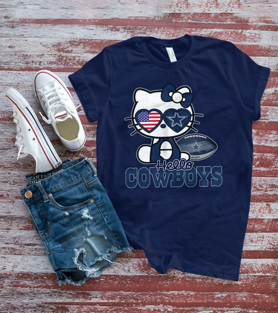 Hellokitty Hello Cowboys Dallas Football Stars USA Flag Glasses Football T-Shirt