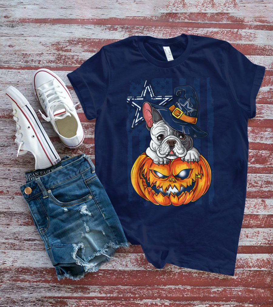 Hlw Bulldog Halloween Dallas Cowboys Pumpkin Wizard Hat T-Shirt