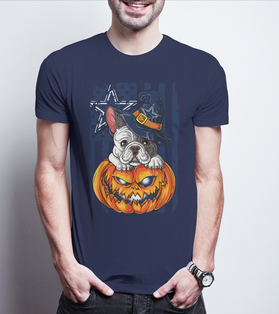Hlw Bulldog Halloween Dallas Cowboys Pumpkin Wizard Hat T-Shirt