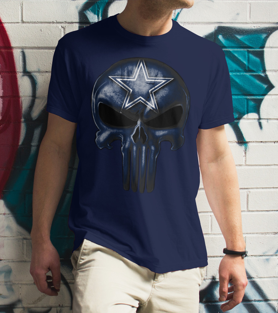 Skull Dallas Cowboys Star Logo Navy Background T-Shirt