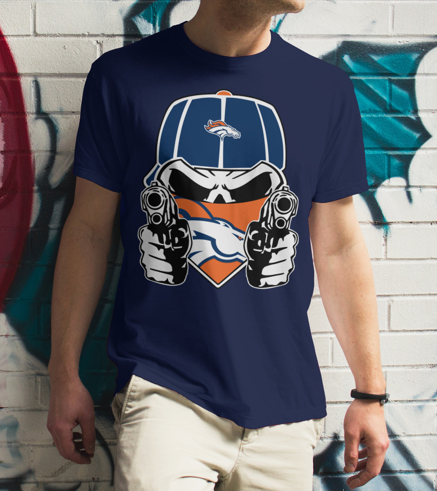 Denver Broncos Skull Bandana Dual Guns T-Shirt