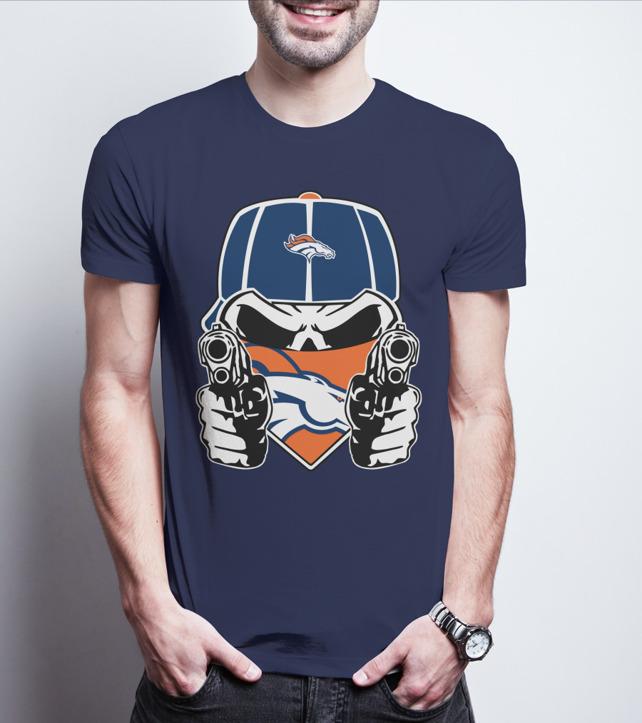 Denver Broncos Skull Bandana Dual Guns T-Shirt