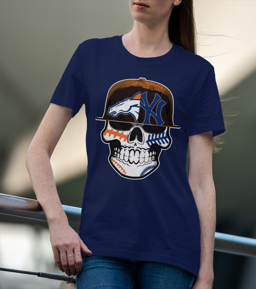 Denver Broncos New York Yankees Skull Sports Fusion T-Shirt