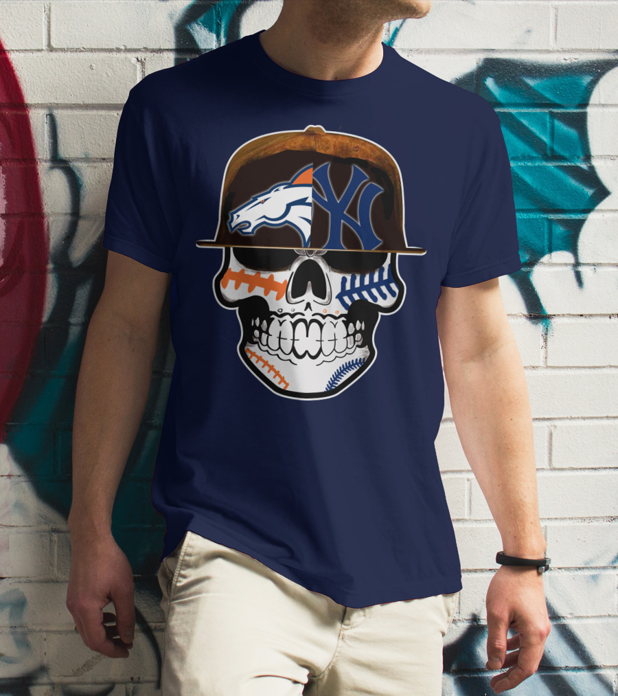 Denver Broncos New York Yankees Skull Sports Fusion T-Shirt