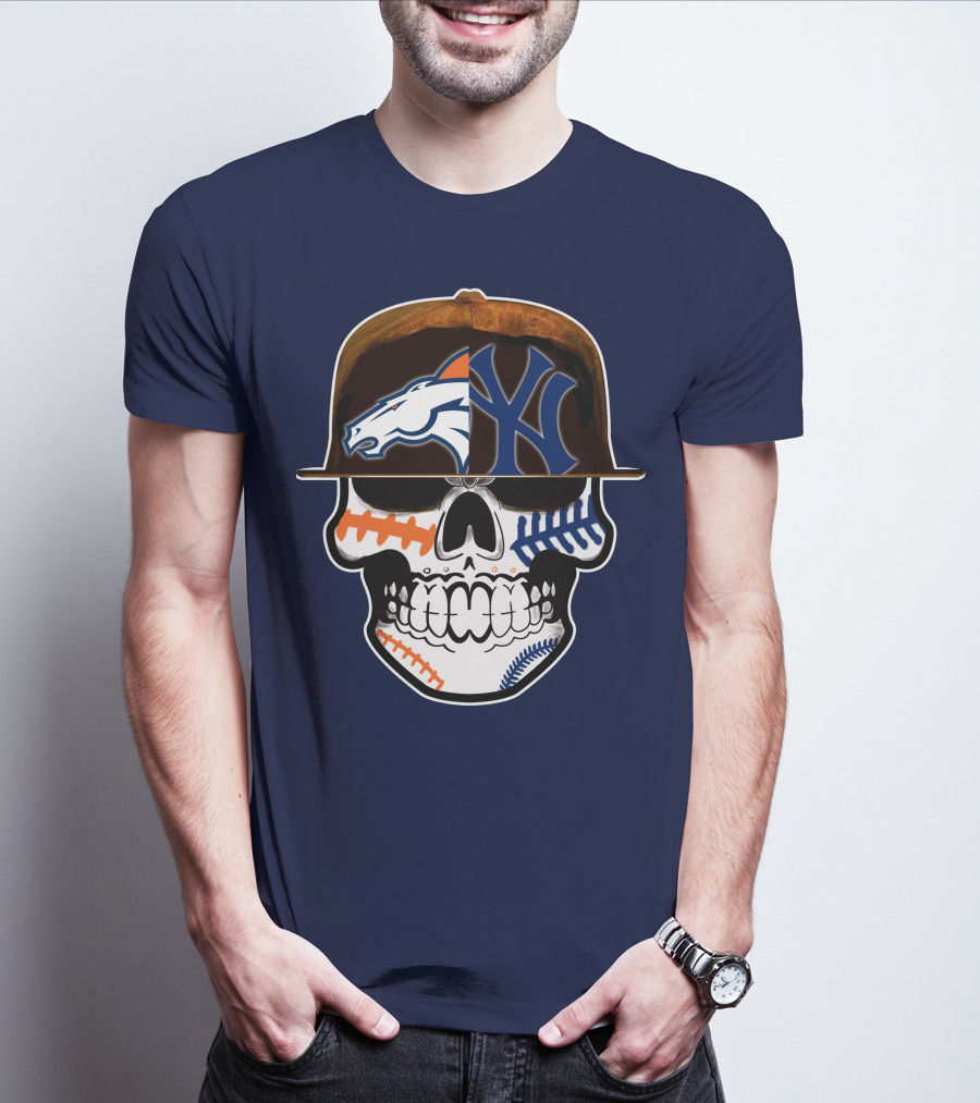 Denver Broncos New York Yankees Skull Sports Fusion T-Shirt