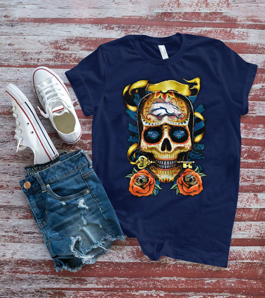Denver Broncos 42 Sugar Skull Roses Key Ribbon T-Shirt