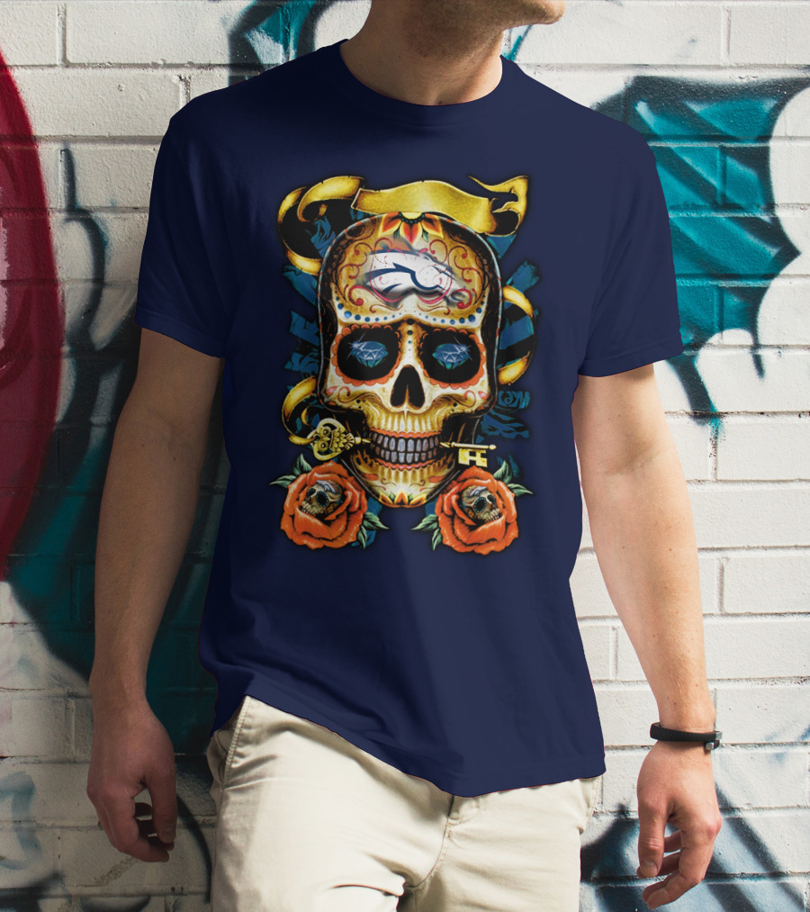 Denver Broncos 42 Sugar Skull Roses Key Ribbon T-Shirt